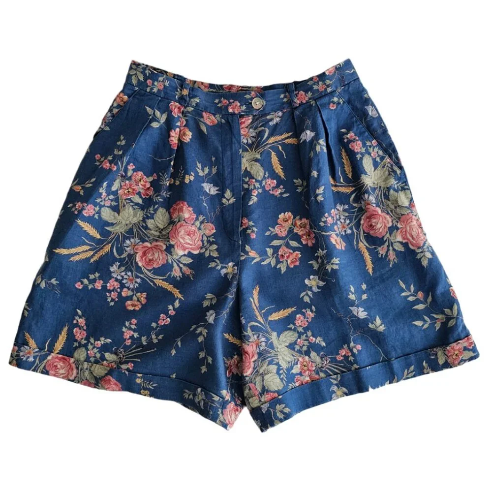Ralph Lauren Vintage 100% Linen Floral Shorts | EUC | 8P | Blue, Multicolor - Picture 1 of 12